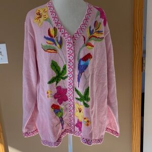 Storybook Knits Birds of Paradise Pink Floral Beaded Embroidered Cardigan 1x